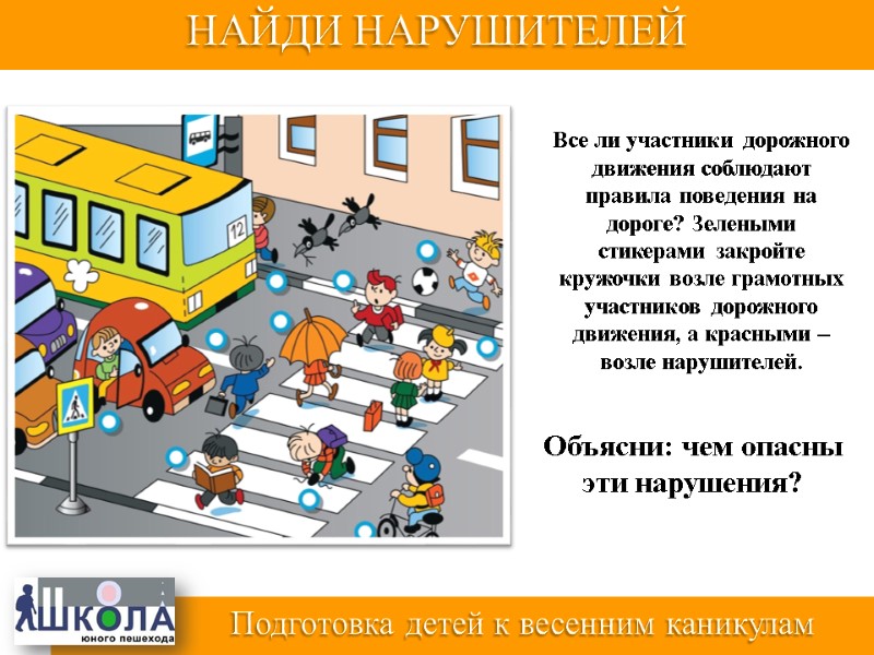 Все ли участники дорожного движения соблюдают правила поведения на дороге? Зелеными стикерами закройте кружочки